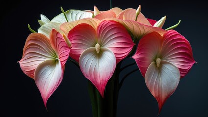 Obraz premium Anthurium Duet: A detailed photograph featuring a group of bright pink and peach flowers with bold, heart-shaped leaves, contrasted by a dark background.