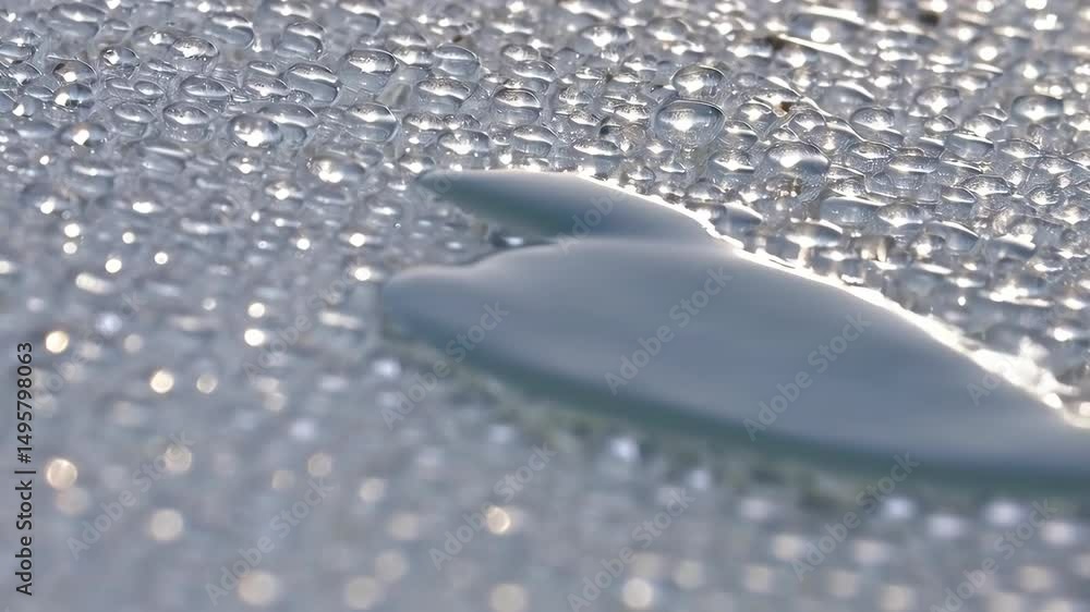 Poster extreme macro capture showcasing water condensation droplets on a clear surface with bright light, h