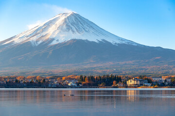 Mt Fuji the early morning on the lake kawaguchiko. in autumn color