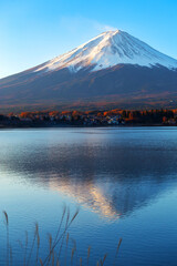 Mt Fuji the early morning on the lake kawaguchiko. in autumn color