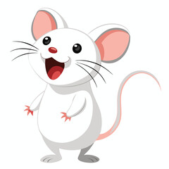 A tiny white mouse with big ears stands on its hind legs with its mouth open, appearing to be singing or squeaking with white background.
