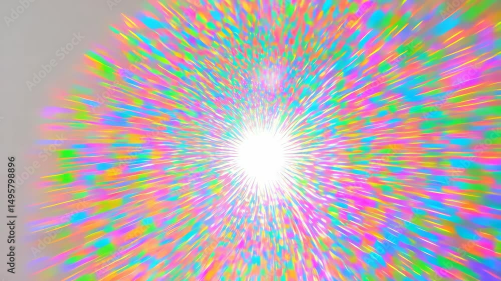 Poster radiant burst of pastel multicolored light rays emanating from a central point, creating a vibrant, 
