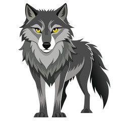 A wolf with tawny and gray fur and intense yellow eyes stands facing forward with white background.
