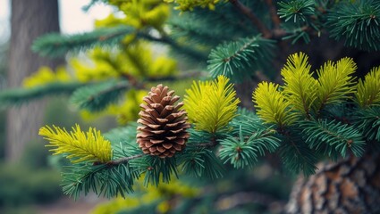 Young pine cone perched on a tree branch.