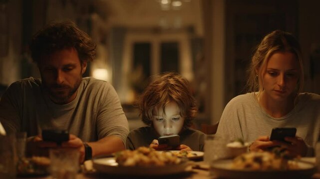 Family sitting together at the dining table using smartphones in the evening  