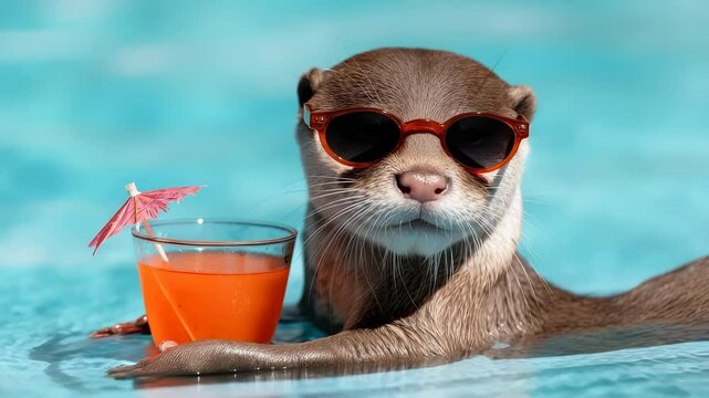 An adorable otter sits in a cool pool, sporting stylish sunglasses and sipping a colorful drink, embodying the essence of relaxation during a summer vacation. Perfect for warm weather vibes
