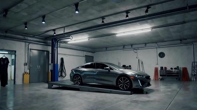 Modern Luxury Electric Vehicle on Display in Automotive Garage Showroom with Sleek Design and State-of-the-Art Technology
