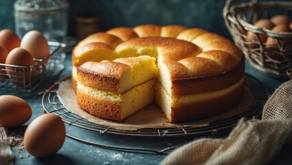 Homemade sponge cake that's soft, light, and delicious, featuring eggs, flour, and milk.