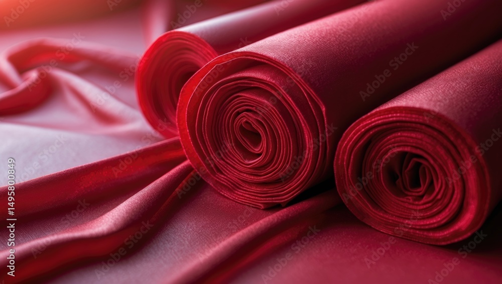 Poster vibrant red paper background showcasing a pearlescent, glossy texture with layered curves. rich ruby