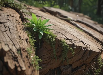 Fototapeta premium Delicate green shoot pushing through weathered stump; intricate detail , contrasting colors, survival, brown