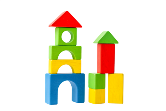 Wooden Blocks Cube Toy, Colorful wooden blocks stacked in towers, Playful Structures. Educational toy for children.