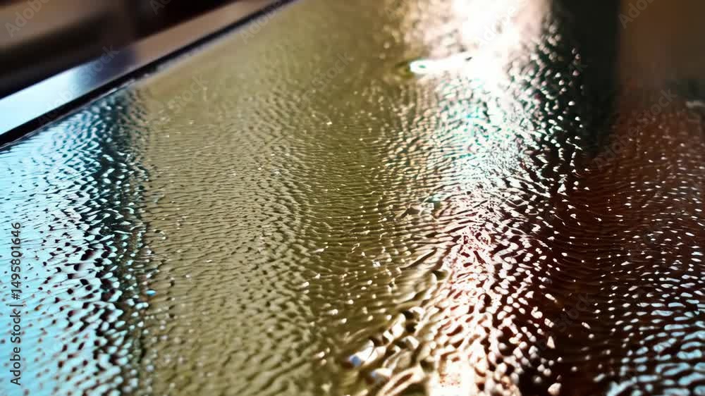 Poster abstract close-up of liquid substance moving, causing surface ripple and refraction on reflective su