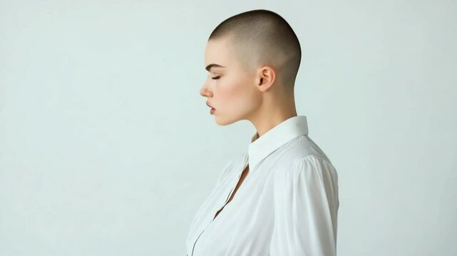 Serene Contemplation: A striking portrait of a woman in a profile, featuring a closely shaved head and a classic white shirt, radiating an aura of introspective calmness.