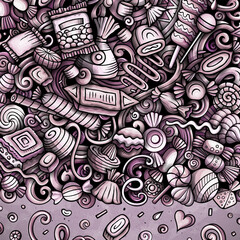 Sweet Candies cartoon vector doodle border.