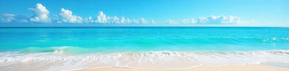 Obraz premium Vast, cerulean ocean stretches to the horizon, waves gently lapping the sandy shore under a brilliant blue sky Perfect for travel, nature, and ocean-themed projects , water, vacation, beach