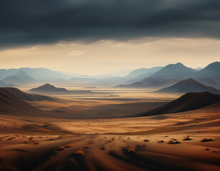 Naklejka premium overcast plain with scattered few distant hills in the horizon emptiness desolate terrain overcast