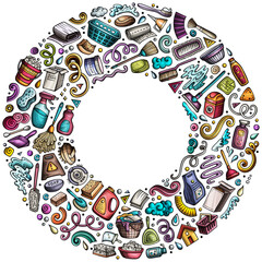 Fototapeta premium Set of Cleaning cartoon doodle objects. Round frame composition