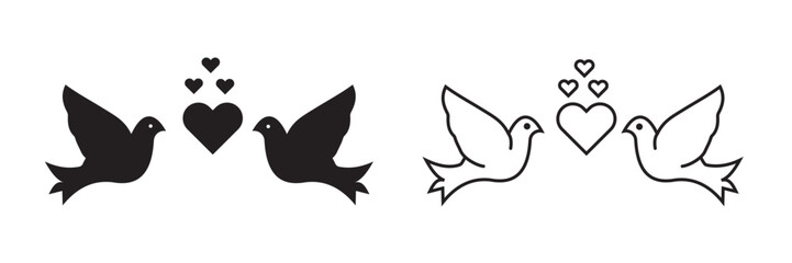 Love birds icon vector. Couple in love bird line icon, symbol and sign. Heart and flying bird vector illustration. Vector silhouettes of birds.