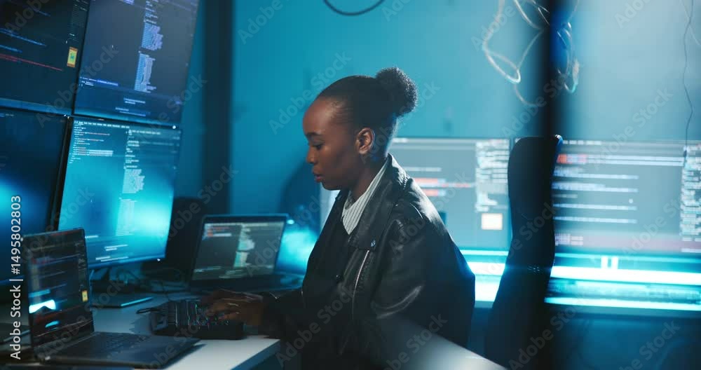 Poster African woman, computer screen and typing for cybersecurity at night, code and review on website at office. Person, developer and monitor with information technology, programming and protection