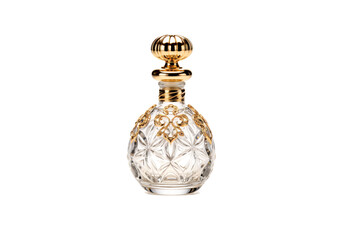 Elegant crystal perfume bottle gold accents isolated on a white background