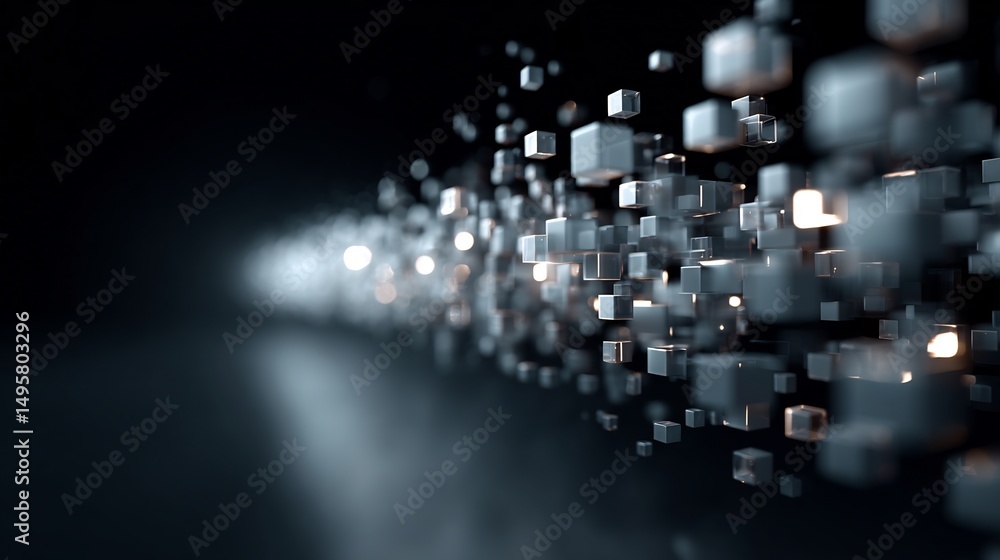 Poster abstract metallic cubes floating in dark space for futuristic background