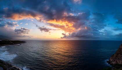 Fototapeta premium panoramic dramatic sunset sky and tropical sea at dusk