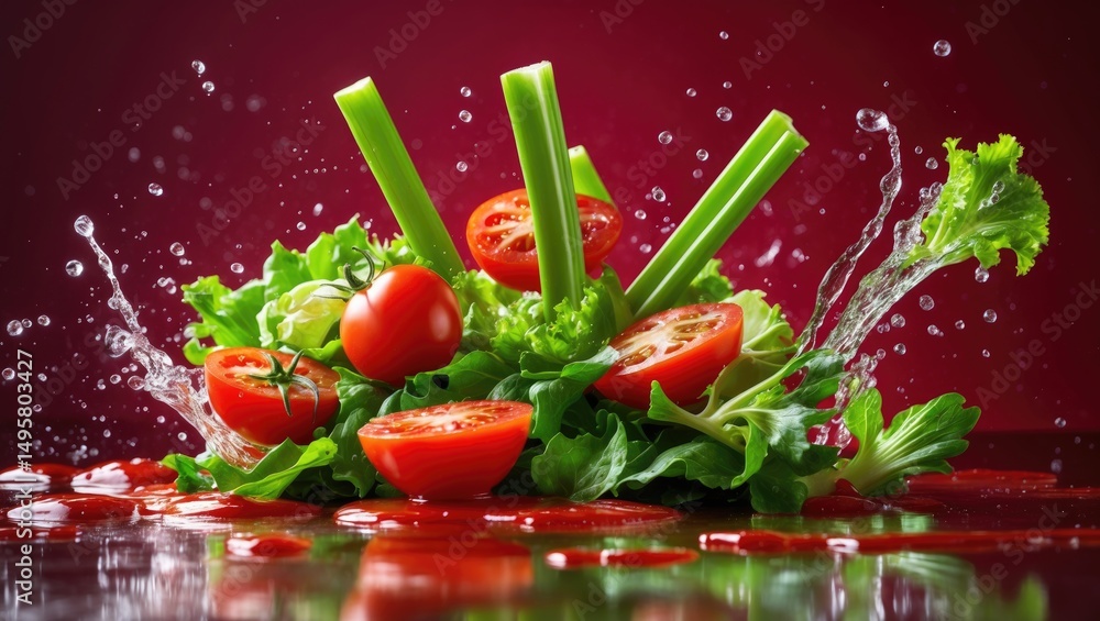 Poster celery and slices amidst splashes of juice on a background.