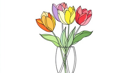 Colored Tulips in Vase, Line Art