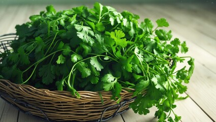 Fototapeta premium A basket made of wicker containing fresh cilantro set on the floor.