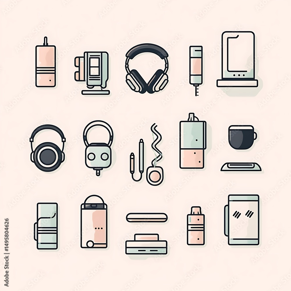 Fototapete A collection of various technological devices and everyday objects clean outlines high resolution photo