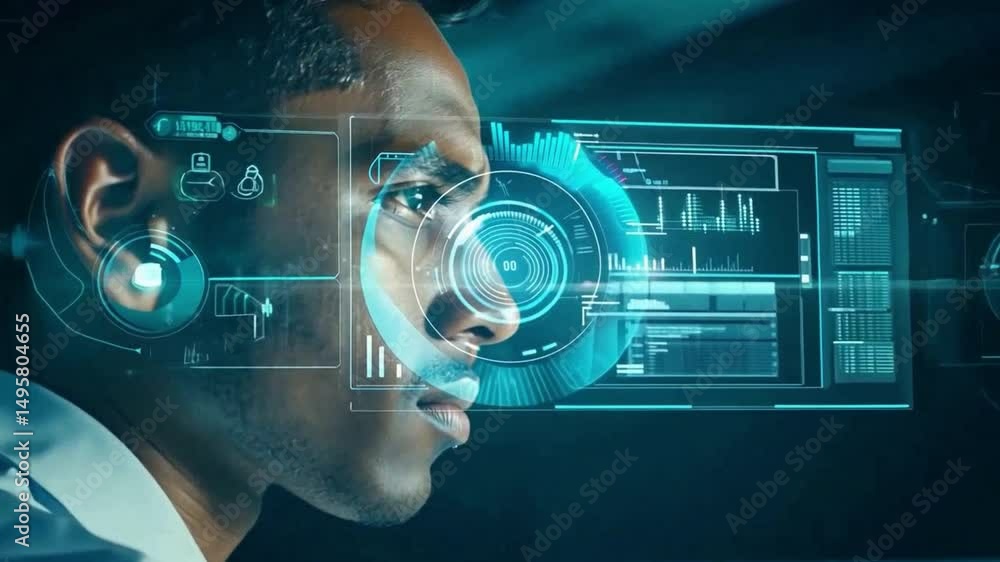 Poster man in tech: a close-up view of a man, his face partially obscured by an overlay of holographic tech