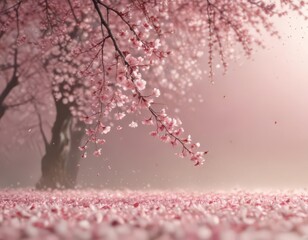 Obraz premium Falling cherry blossom petals create a pink haze against a blurred spring scene , outdoor, soft focus, flora