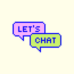 Y2k Pixel Sticker Lets Chat . Colorful Speech Bubbles with Fun Caption for Messaging Apps, Y2K UI, Retro Digital Designs, Social Media, and Cute Pop Interface Elements. Retro Futuristic style