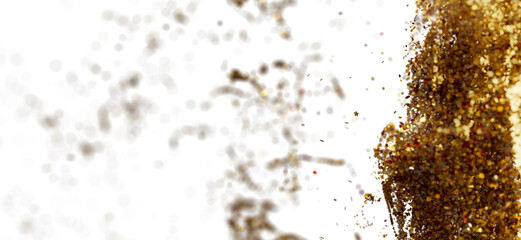 Abstract gold glitter explosion on white. Perfect for festive designs, celebrations, and luxurious branding.