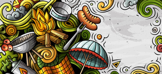 Picnic hand drawn doodle banner. Cartoon vector detailed flyer.