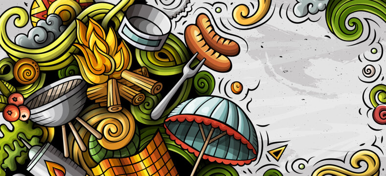 Fototapeta Picnic hand drawn doodle banner. Cartoon vector detailed flyer.