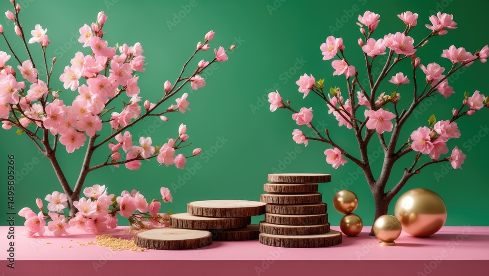 Poster background featuring an empty podium and spring flowers for cosmetic product display.