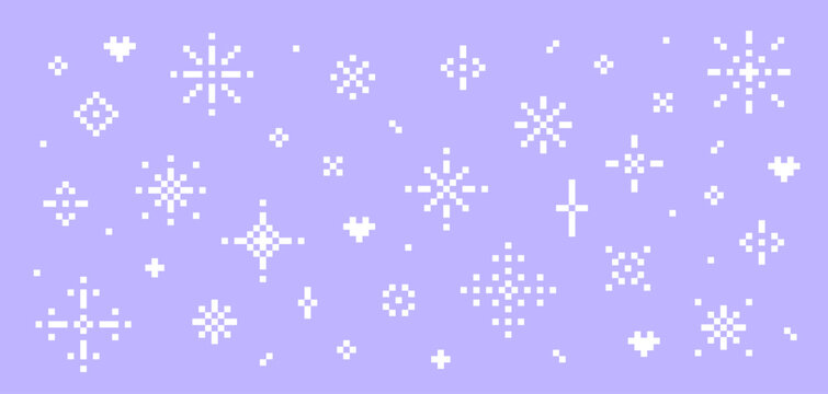 Set of Y2k Pixel Sparkle or Snowflakes set. Simple flat geometry design elements. Purple background. Cross stitch. Scheme of knitting and embroidery. Winter ornament. Retro Pixelated Vector pattern.
