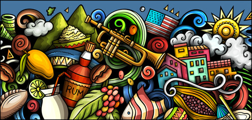 Puerto Rico doodle banner. Cartoon vector whimsical flyer