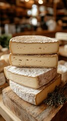 Delicious artisanal cheese stacked on a wooden board in a market setting surrounded by natural elements
