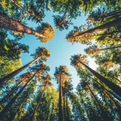 Obraz premium An abstract representation of pine leaf branches and a tree situated in a green forest landscape, as seen from the bottom and complemented by a blue sky and natural lighting