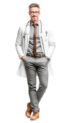 Fototapeta premium A confident male doctor stands with a professional and friendly demeanor in his white coat, symbolizing trust and expertise, perfect for medical, healthcare, and wellness branding. 