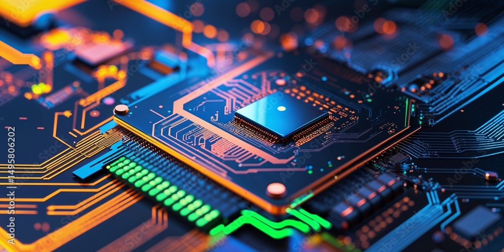 Poster close-up of a computer circuit board showcasing vibrant electronic components and intricate connecti