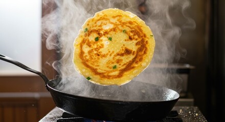 Scallion Pancake Flipped over Pan - Photo