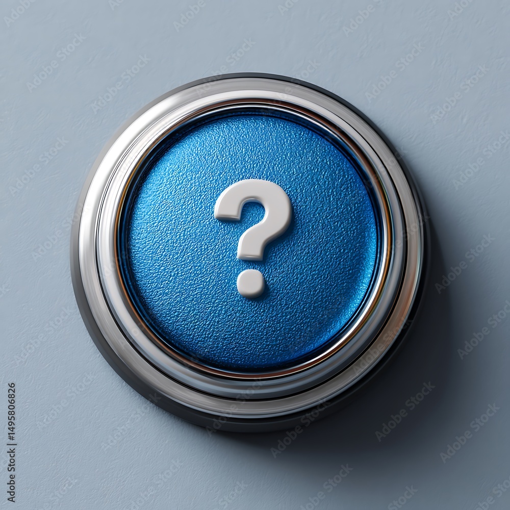 Poster textured blue circle with question mark: symbol of inquiry, uncertainty, puzzlement, and need for an