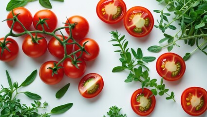 Fototapeta premium Vibrant Healthy Food Scene - Fresh Tomatoes and Wild Herbs on a White Canvas, Colorful Display, Vitamin-packed Ingredients
