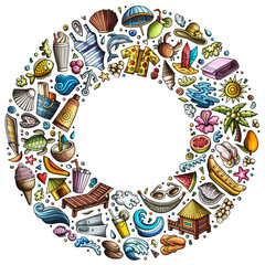 Fototapeta premium Set of Summer Beach cartoon doodle objects. Round frame composition