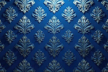 Symmetrical damask pattern with bold swirling lines in deep blue and silver , seamless, brocade