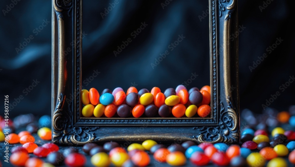 Poster dark background with a frame of halloween candy. space for text.