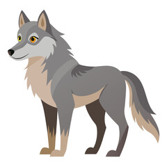 A gray and tan wolf with alert eyes stands in profile, looking over its shoulder with white background